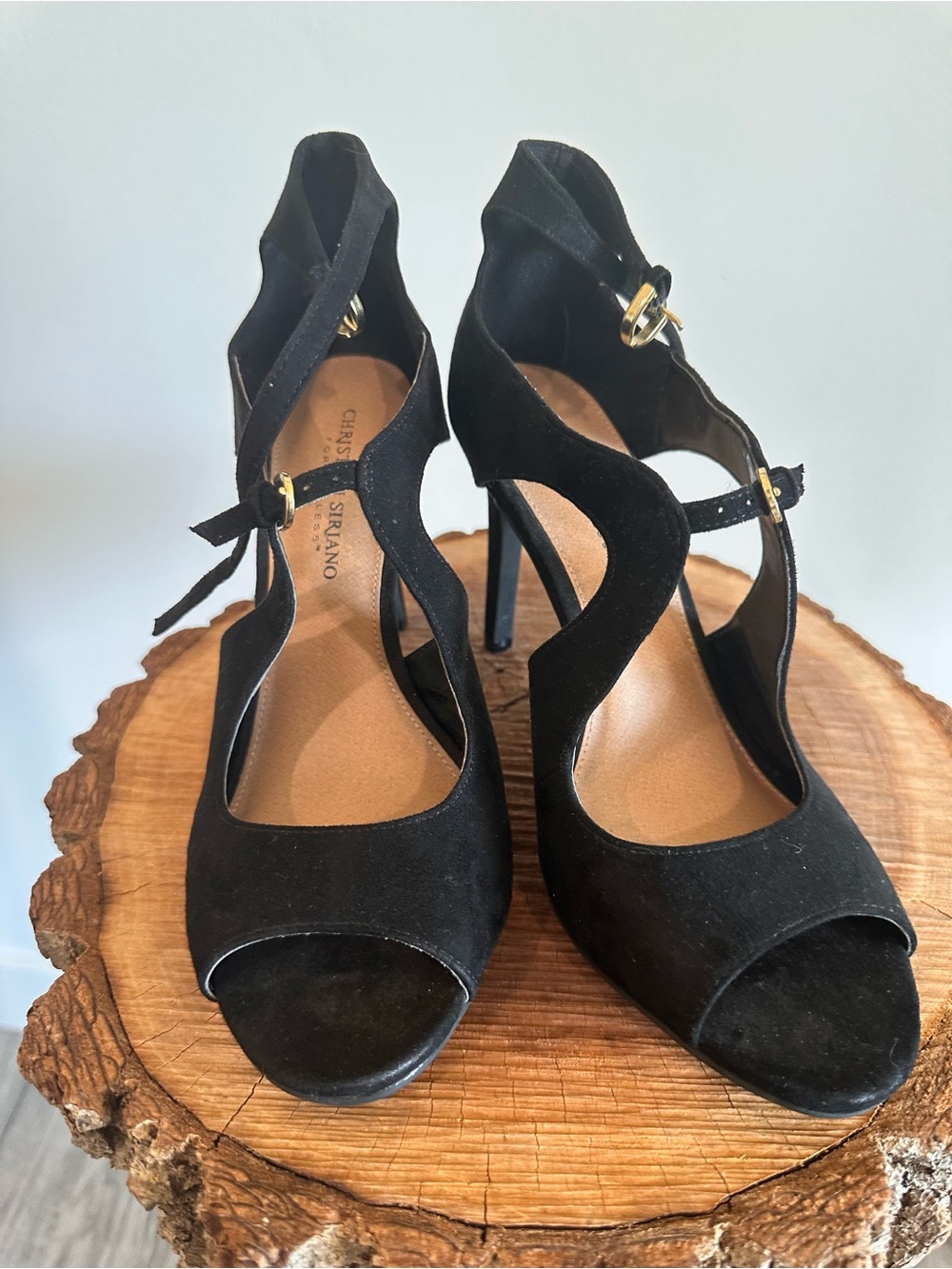 Christian Siriano Black Faux
Suede Wavy-Strap Open-Toe Stilettos